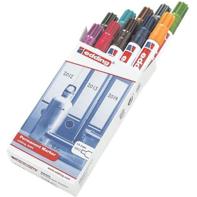 edding 3000 permanent marker - 10 kleuren - 10 stiften - ronde punt 1,5-3 mm - water en wrijfvast - voor karton, kunststof, hout, metaal, etc. - alcohol markers voor volwassenen