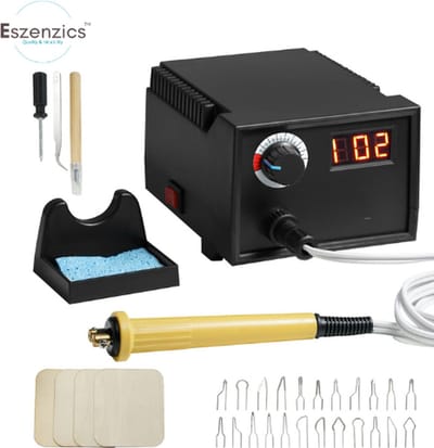 Eszenzics™ Houtbranderset Pro6 - Hoogwaardige set - Instelbaar tot 700°C - Digitaal display - 23 verschillende draadpunten - Houder - Soldeerbout - Graveerset - Hout en leer