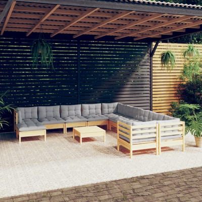 vidaXL - 12-delige - Loungeset - met - grijze - kussens - grenenhout