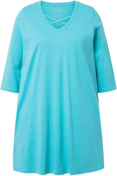 Ulla Popken - Dames - Longshirt sierbanden A-lijn V-hals 3/4-mouwen - Turquoise groen - Maat 46+