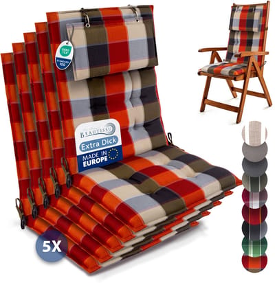 Beautissu Sun-HL - Set van 5 Premium Hoge Rugleuning Kussen met Hoofdkussen 120x50 cm – UV-bestendig & 8cm Dik Kussen Tuinstoelkussen Antislip Bevestigingsbanden – Stevige Stof Oranje Beige geblokt