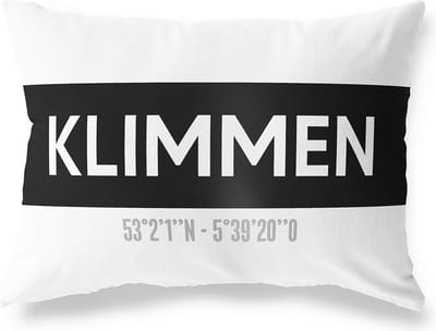 Tuinkussen KLIMMEN - LIMBURG met coördinaten - Buitenkussen - Bootkussen - Weerbestendig - Jouw Plaats - Studio216 - Modern - Zwart-Wit - 50x30cm
