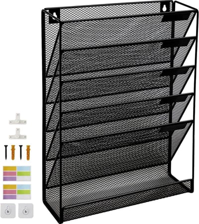 Zeslaags Mesh Wandbestandsorganizer met Onderste Plank, Verticaal Hangend Documentenrek, Tijdschrift Houder en Naamlabel Haakjes Set voor Kantoorgebruik