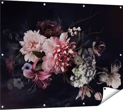 Gards Tuinposter Diverse Bloemen op Zwart Achtergrond - 120x90 cm - Tuindoek - Tuindecoratie - Wanddecoratie buiten - Tuinschilderij