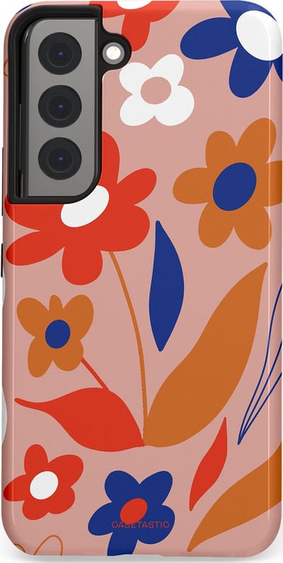 Casetastic hoesje geschikt voor Samsung Galaxy S22 - Dubbellaagse bescherming - Vormen in bloei - Fashion Case - Perzik Rood Donkerblauw