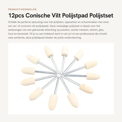 Dailygoods - 12pcs Conische Vilt Polijstpad - Polijstset voor Juwelen - 8mm Formaat - Geschikt voor Glas en Steen - Voor Nail Art - Professionele Poli...