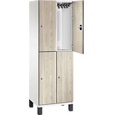 C+P Double-store locker Cambio, 2 vakken, 4 legplanken, op poten, B 600 x D 525 x H 1980 mm, verkeerswit / essenhout decor