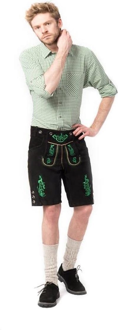 Tannhauser Lederhosen Otto Kort 100% Echt Leder Heren Oktoberfest Heren Carnavalskleding Heren Lederhosen Man - Leer- Zwart/ Groen- L
