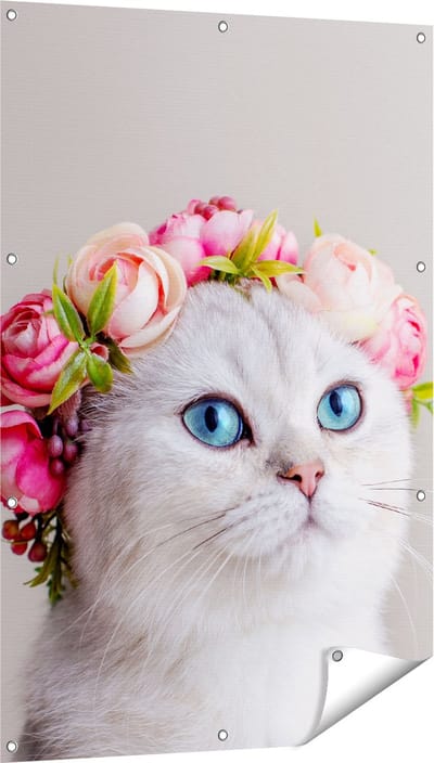 Gards Tuinposter Kat met een Bloemen Kroon - 80x120 cm - Tuindoek - Tuindecoratie - Wanddecoratie buiten - Tuinschilderij