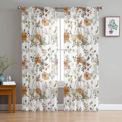 Rideaux transparents Texture Fleur de Citrouille d'Automne Feuille d'Eucalyptus pour Décoration de Salon Rideaux de Fenêtre Rideaux en Tulle Voile de Cuisine W135 x H115cm x1 white