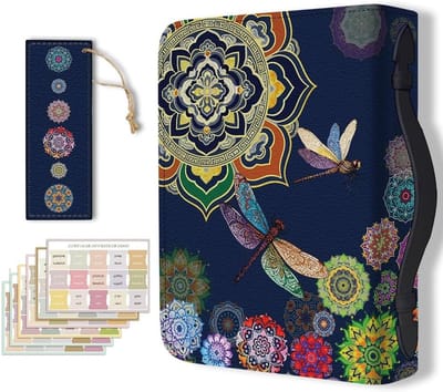Stijlvolle Bijbelhoes van PU Leer met Boekenlegger en Draagtas voor Christelijke Notitieboeken, Mandala en Libelle Design
