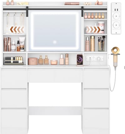 Grote Make-up Tafel met Verstelbare LED Spiegel en Stopcontact - Wit