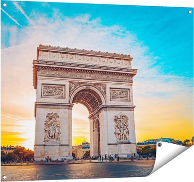 Gards Tuinposter Arc de Triomphe in Parijs met Zonsondergang - 100x80 cm - Tuindoek - Tuindecoratie - Wanddecoratie buiten - Tuinschilderij