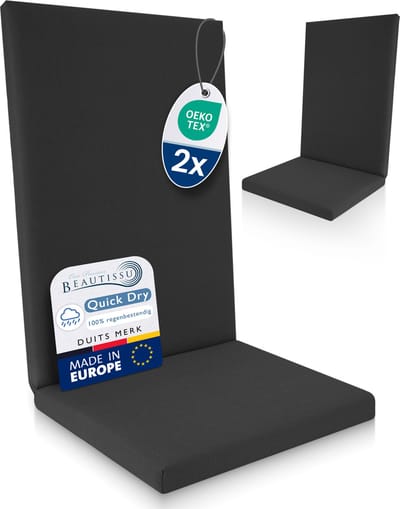 Beautissu QD-HL – Set van 2 Premium Tuinstoelkussens Hoge Rug 122x48 cm – 100% Waterdicht – Weerbestendig – Sneldrogend – UV-bestendig – Antraciet