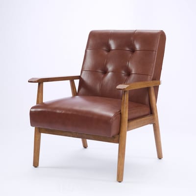 Lounge Stoel - Echt Leder - Walnoot Armleuningen en Rubberhout Poten - Comfortabele Woonkamerstoel - Bruin