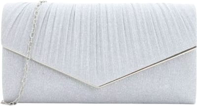 Dames Avondtas Schoudertas V-vorm Geplooid – Effen Kleur Polyester Tas, Elegante Clutch Tas met Magneetsluiting en Ronde Bodem - Zilver