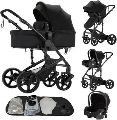 3-in-1 Converteerbare Kinderwagen met Dubbele Vering, Eén-Klik Vouwmechanisme, 90-180° Verstelbare Zit voor Pasgeborenen tot Peuters - Zwart