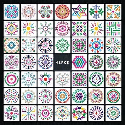 BOTC Mandala Sjablonen - 48 Stuks Dot Painting Sjablonen - Voor Mandala Dot Art, Schilderen & Creatieve Hobby - 13 x 13 cm