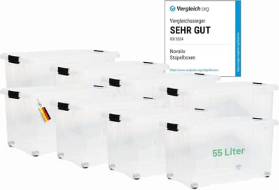 Novaliv 8x opbergdozen met deksel, groot 55L, transparant, nestbaar, stapelbaar met clipsluiting, roldozen, kunststof, BPA-vrij, 61x40x32,5 cm