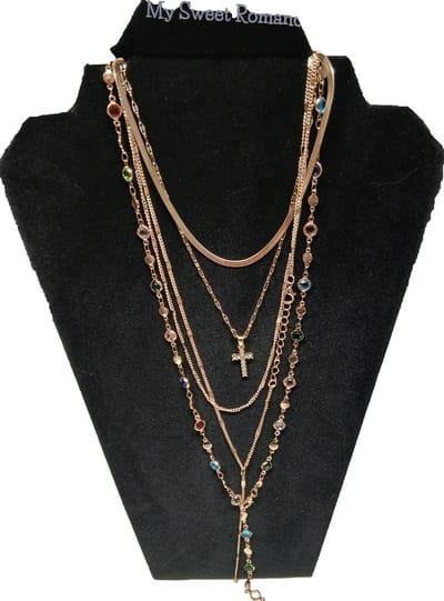My Sweet Romance® - Dames Ketting 5-Delig - Goudkleurig met Kruisje en Kleurrijke Steentjes