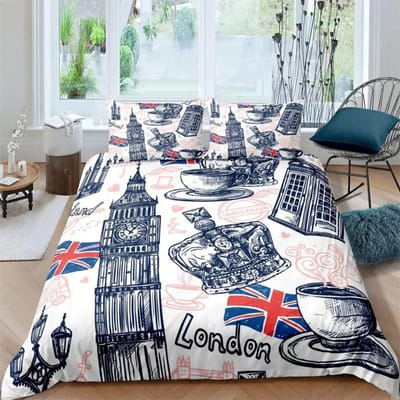 Londen Telefooncel Koning Koningin Dekbedovertrek De Big Ben Beddengoed Set Retro Verenigd Koninkrijk Dekbedovertrek Rood Grijs Dekbedovertrek 155X220cm-3pcs