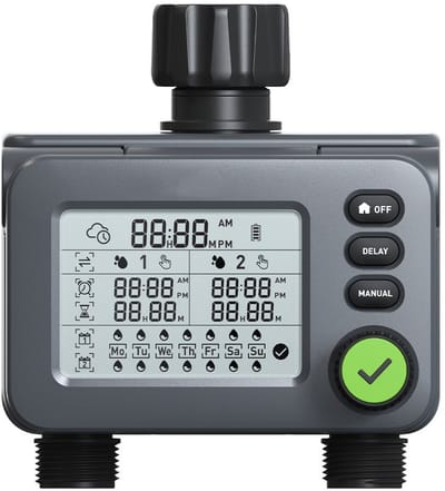 Besproeiingscomputer - 2 Zones - 0.5-8 Bar - Watertimer Digitaal - IP54 Waterdicht - 3 Verstelbare Schermhoeken - Rain Delay - Irrigatie Controller voor Gazon & Tuin - Zwart