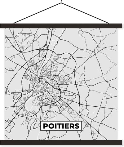 Posterhanger incl. Poster 60x60 cm - Schoolplaat - Stadskaart - Frankrijk - Kaart - Poitiers - Plattegrond - Textielposter - Zwarte latten - Stadskaart