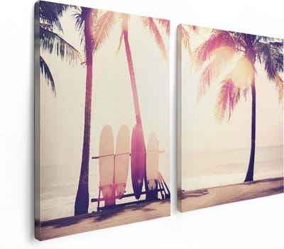 Artaza Canvas Schilderij Tweeluik Tropisch Strand Met Surfborden - 120x80 - Foto Op Canvas - Canvas Print