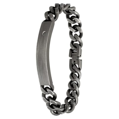 Lucardi Heren Armband plaat zirkonia zwart antique - Staal - Armband - Vaderdag Cadeautje - 21 cm - Zilverkleurig