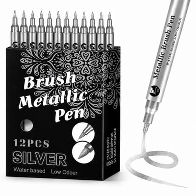 BOTC Brush Pennen Set - 12 Stuks - Acryl Verfstiften met Penseelpunt – Waterbasis Metallic Markers voor DIY, Kaarten, Decoratie en Hobby-Veegvast en watervast-Zilver