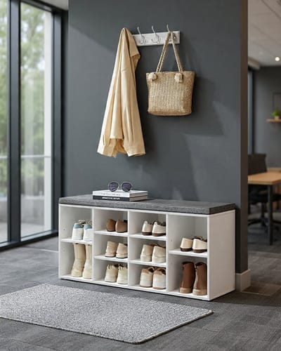 Moderne Schoenenbank met Zitvlak en Opbergruimte - 10 Vak Schoenenrek met Verstelbare Planken - Halve bank, Slaapkamerbank en Opbergmeubel - Wit-Grijs 30 x 104 x 48 cm - Casa Serena – Casa Dorada