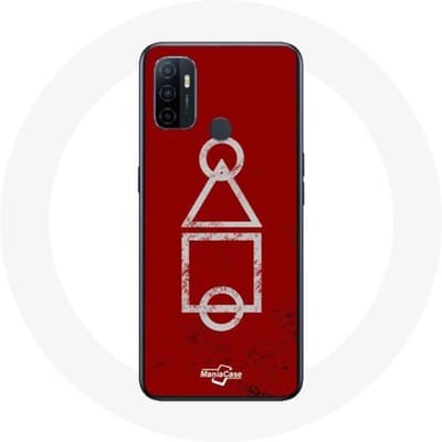 Oppo A53 hoesje Squid Game logo symbolen cirkel vierkante driehoek rode achtergrond rood