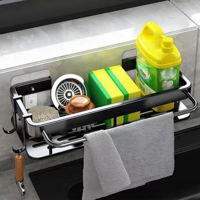Tidy Sink Organizer voor Badkamer, Zelfklevende Opbergrek met Sponshouder, Handdoekhaak en Haakjes, Geen Boren Nodig, Zwart