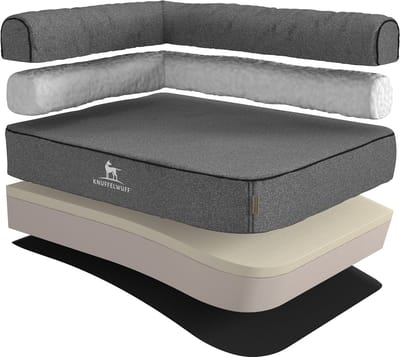 Knuffelwuff orthopedisch hoekhondenbed Marlie van velours met handgeweven karakter L 85 x 63cm leuning links grijs