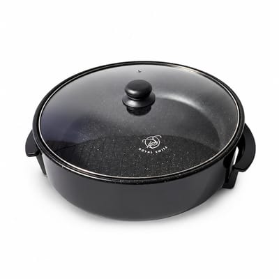 Royal Swiss® – Elektrische hapjespannen – Ø42 cm – 1500W – PFAS-vrij – Anti-aanbaklaag met Deksel en Thermostaat – Paellapan- Hapjespan – Zwart