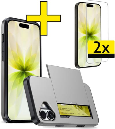 Hoesje Geschikt voor iPhone 17 Hoesje Case Pashouder Hard Cover Met 2x Screenprotector - Hoes Geschikt voor iPhone 17 Hoesje Met Kaarthouder - Grijs