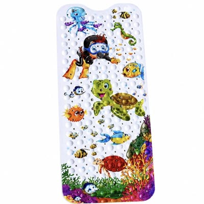 BSS® Badmat Antislip voor Bad 40x100CM – Kinder Badmat met Schildpad, Zeedieren en Duiker Print, Extra Lange Douchemat met Zuignappen en Afvoergaatjes