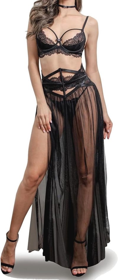 Elegante Dames Lingerie Set met Lace BH, Gordel, Transparante Netjurk, Halsband en G-string - 4-delig