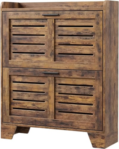 Slanke Schoenenkast - Voor ingang en foyer - Met 2 klapladen en haken - Vrijstaand / Smal - Rustic Bruin