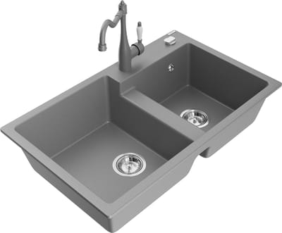 Mexen Tomas granieten spoelbak 2-kamer met keukenmengkraan Carla, grijs - 6516-71-670700-71