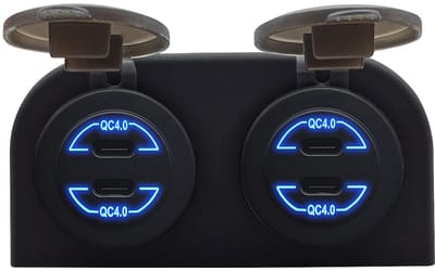 ProRide 12V USB C Autolader 4 Poorten Opbouw - 30W - QC4.0 - USB Stopcontact voor Auto, Boot en Camper - Complete set - Blauw