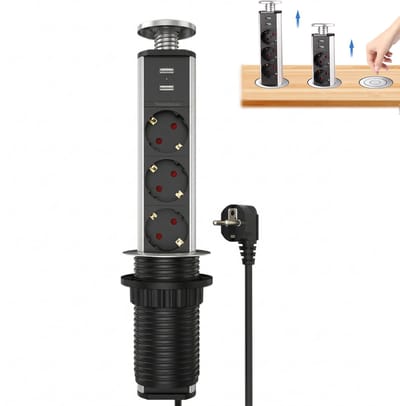 Namajunas - Stekkerdoos - POP UP Stekkerdoos - Stekkerdoos met 2 USB-A & 3 Stopcontacten - Met 2m Kabel - Met veiligheidscontrolelampje en een antislip stop - Overspanningsbeveiliging - Voor kantoor, vergaderruimte, thuis