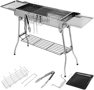 Questyr - Houtskoolgrill van roestvrij staal - draagbare campinggrillbarbecue met dubbele opvouwbare vleugels - pan met antiaanbaklaag - verstelbare ventilatie