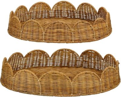 Mica Decorations Eleta Rond Dienblad - Set van 2 - Decoratie Woonkamer - Ook leuk als Kaarsenplateau, Onderzetter of Plantenonderzetter - Rotan, IJzer - Bruin