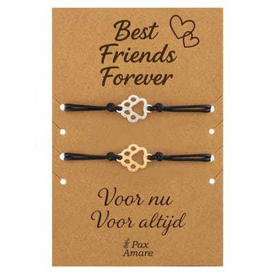 Vriendschapsarmbandjes voor 2 "Best Friends Forever" - Hondenpootjes - BFF Armbandjes met Persoonlijk Cadeau Kaartje - Zilverkleurig & Goudkleurig - Elastisch Verstelbaar - Pax Amare