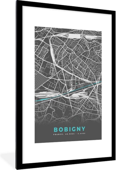 Fotolijst incl. Poster - Kaart – Stadskaart – Frankrijk - Bobigny - Plattegrond - 80x120 cm - Posterlijst