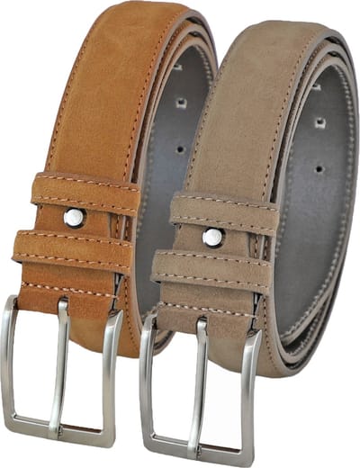 Landley Suede Pantalon Riemen Set - Suède Leren Heren Riemen Duopack - Leer - Cognac en Taupe - Lengte totaal 120 cm / Riemmaat 105