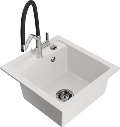 Mexen Vito granieten 1-komorige spoelbak met Duo keukenkraan, wit - 6503-20-671701-07-B