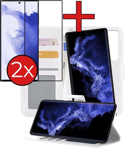 Hoesje - 2 in 1 - Geschikt voor Samsung Galaxy S22 Ultra - Met 2x Screenprotector - En Uitneembare Hard Cover - Kunstleer - Bookcase - Wallet Case - Met Pasjeshouder - Book Case - Uitneembaar - Pashouder - Kunstleer - Telefoonhoes - Wit