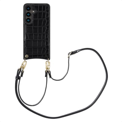 Selencia Hoesje - Geschikt voor Samsung Galaxy S24 - Croco Backcover met koord en pashouder - Zwart